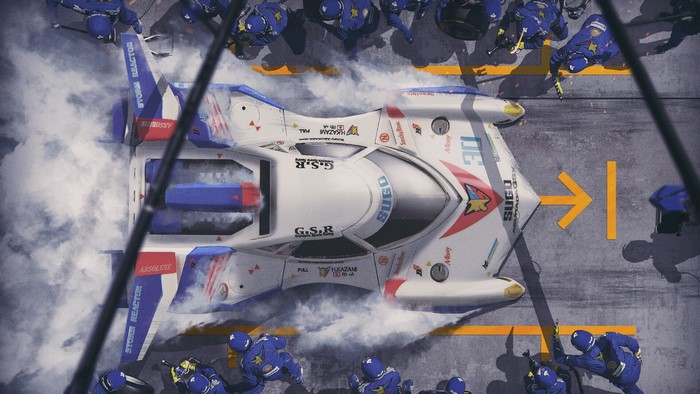 Futuristic race car in pit stop with crew