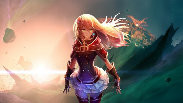 Anime girl with blonde hair in a fantasy landscape