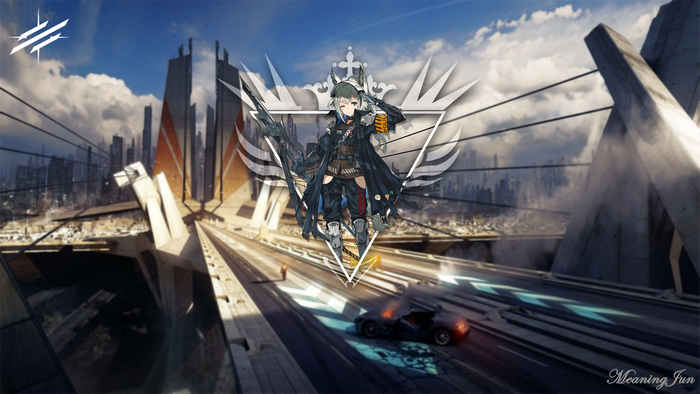 Grani from Arknights with a futuristic city background