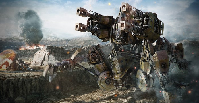 War machine with cannons in a wasteland