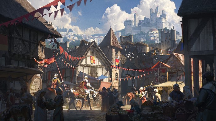 Medieval town market with a castle in the background