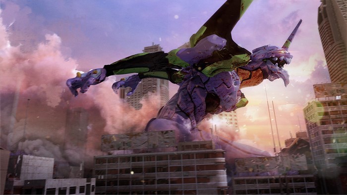 EVA Unit 01 from Neon Genesis Evangelion in a city