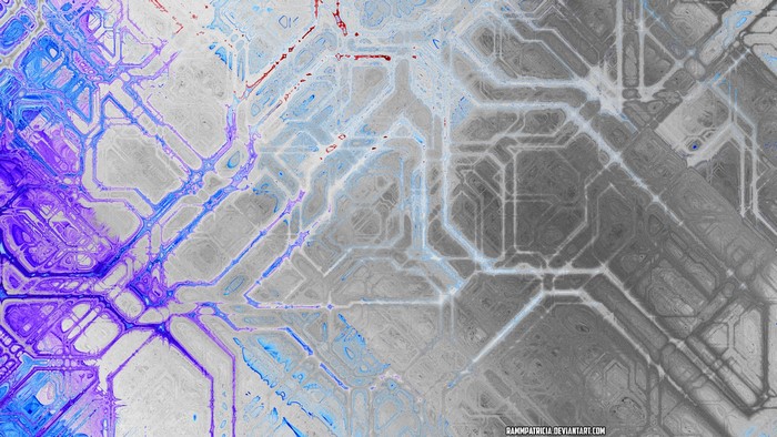 Abstract digital art with blue and purple circuits