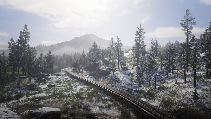Train tracks in a snowy forest with mountains in Red Dead Redemption 2