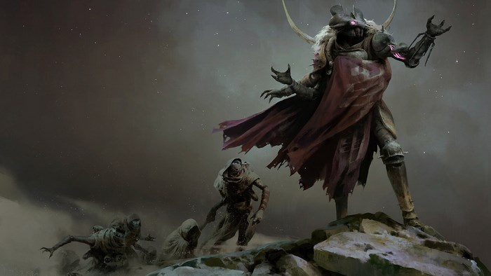 Destiny 2: A knight and his minions on a rocky terrain