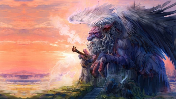 Winged creature with beard smoking a pipe at sunset