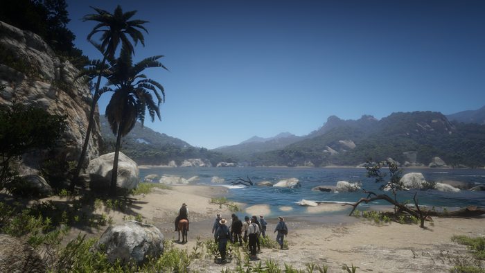 Red Dead Redemption 2 characters on a tropical beach