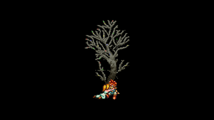 Chrono Trigger pixel art of a character near a tree