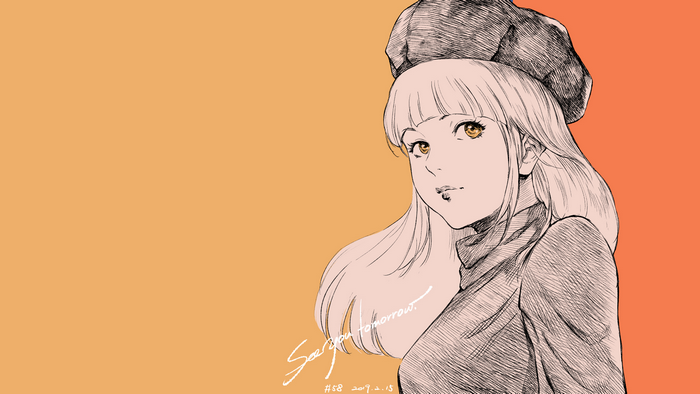 Anime girl with yellow eyes wearing a hat