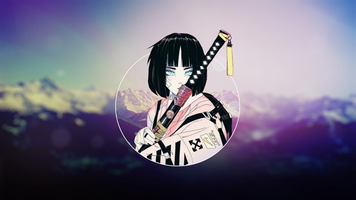 Anime girl with katana in front of mountains