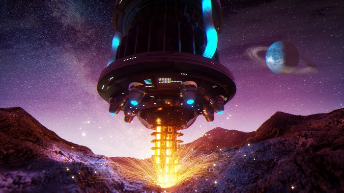 Spaceship mining on an alien planet with a ringed planet in the background