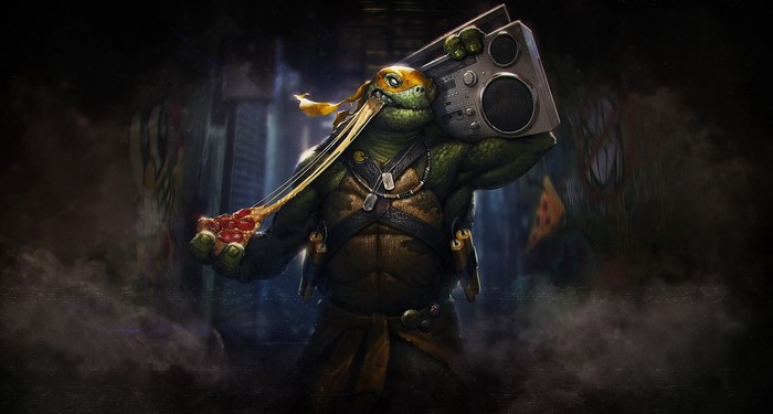 Michelangelo from Teenage Mutant Ninja Turtles with pizza and boombox