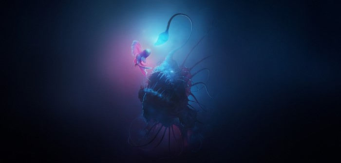 Anglerfish and small creature in deep sea