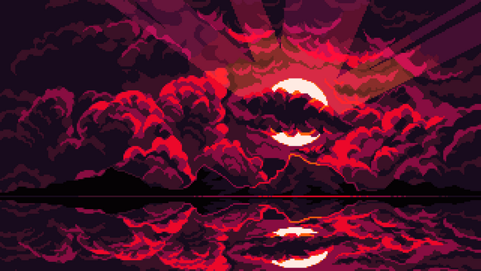 Pixelated Red Clouds with Sun and Reflection