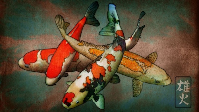 Artwork of four Koi fish with Kanji