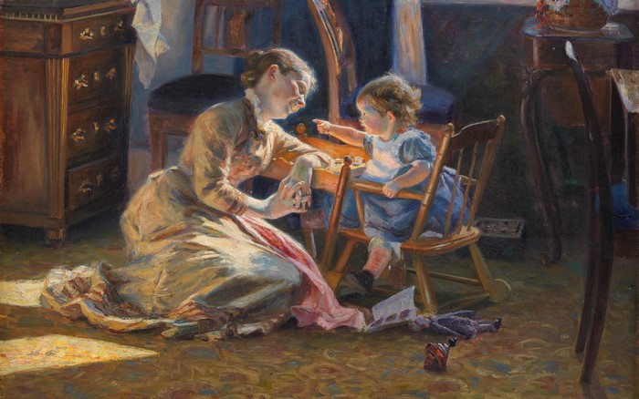 Mother and baby in a room, artwork by Viggo Pedersen