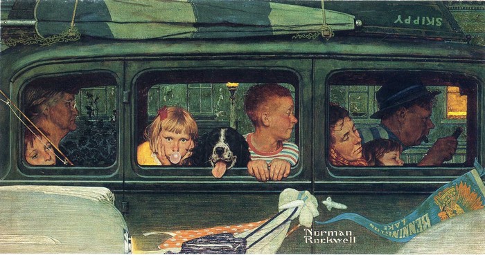 Norman Rockwell's "Going West" painting of a family in a car