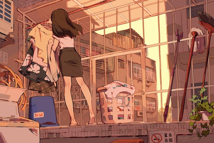 Anime girl hanging laundry on a balcony