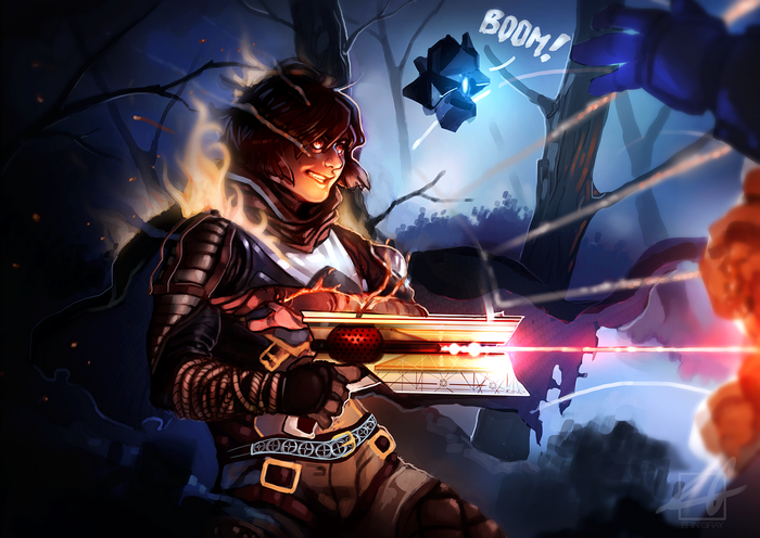 Character from Destiny firing a weapon in a forest