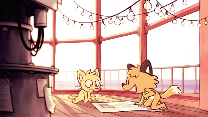 Anthro Fox and Cat on a Dock Looking at a Map