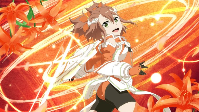 Anime girl with orange outfit and green eyes