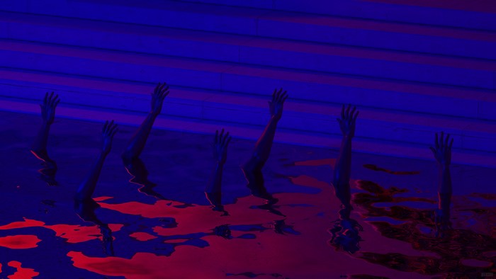 Cultists' hands emerge from red water under blue lights