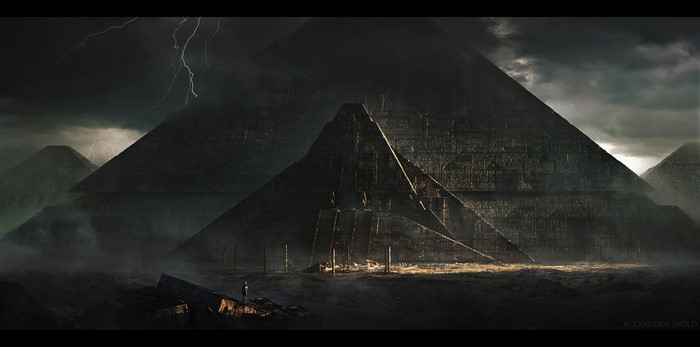 Dark fantasy art of ancient pyramids during a lightning storm