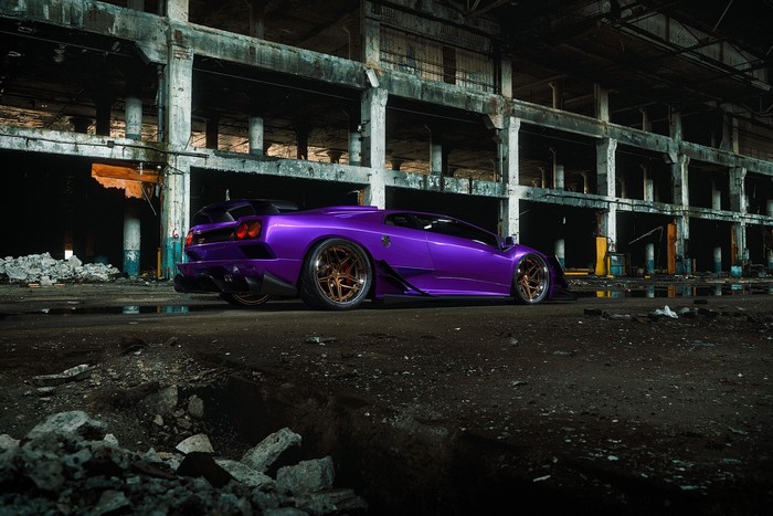 Purple Lamborghini Diablo in abandoned factory