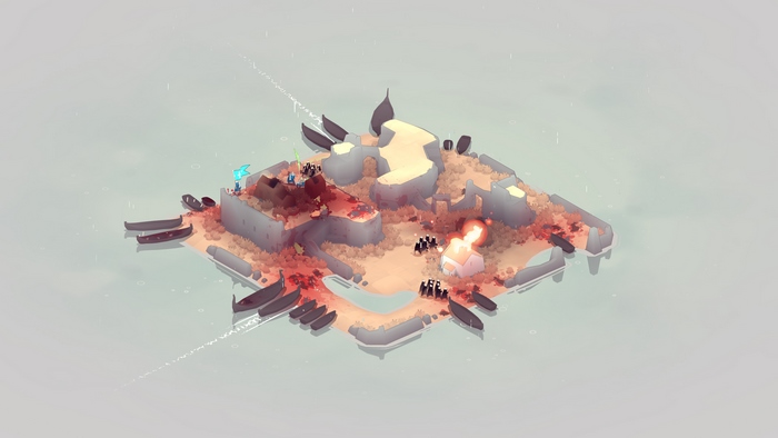 Isometric battle scene with burning structures and boats