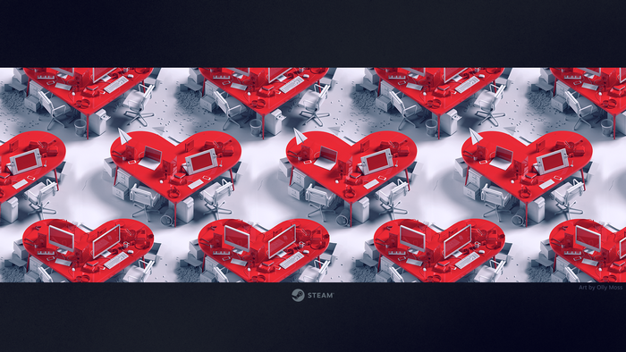 Heart-shaped desks with computers and office supplies, Steam logo