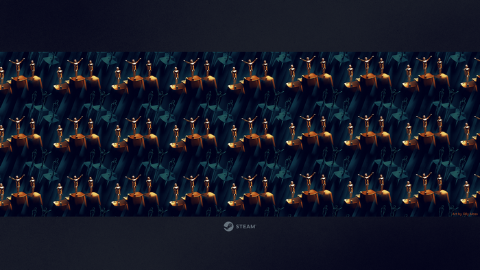 Golden figures on podiums with Steam logo