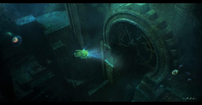 Underwater ancient ruins with a submersible