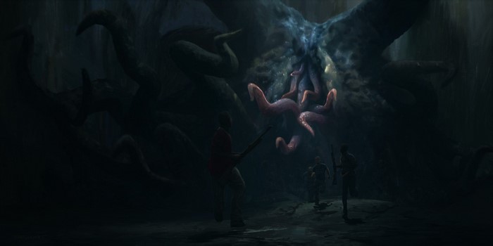 Creature with tentacles and people in a dark cave