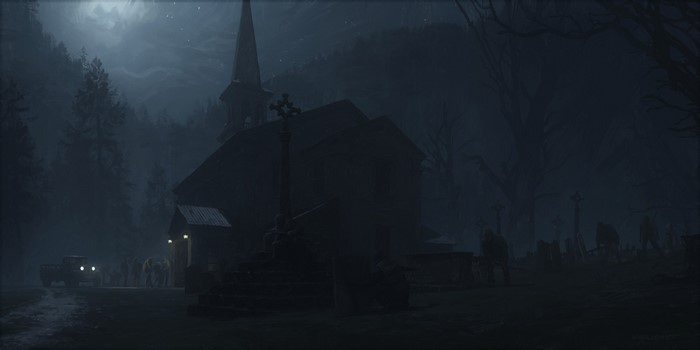 A dark, foggy night at a church with a graveyard
