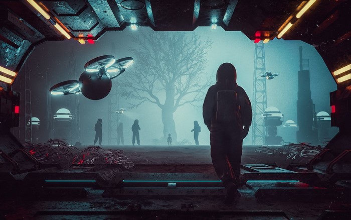 Futuristic laboratory with figures and drones