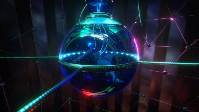 Cyberpunk scene with a person in a glowing orb