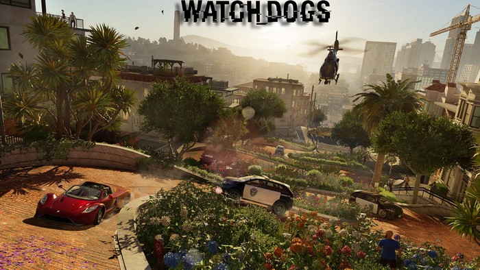 Watch Dogs 2: Red Sports Car and Police Cars on a Hill