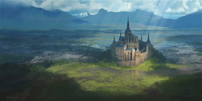 Castle in a misty landscape with mountains