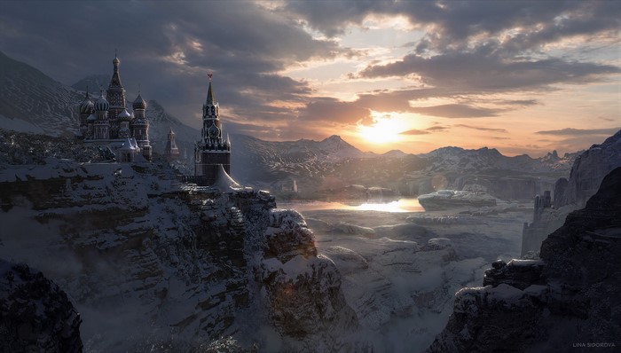 Winter landscape with Moscow Kremlin towers and St. Basil's Cathedral