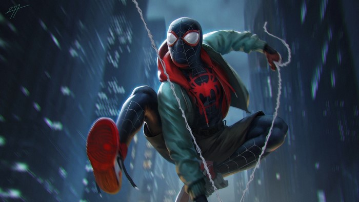 Miles Morales as Spider-Man swinging through a city