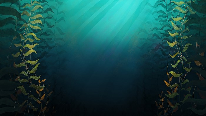 Underwater scene with kelp and sunbeams
