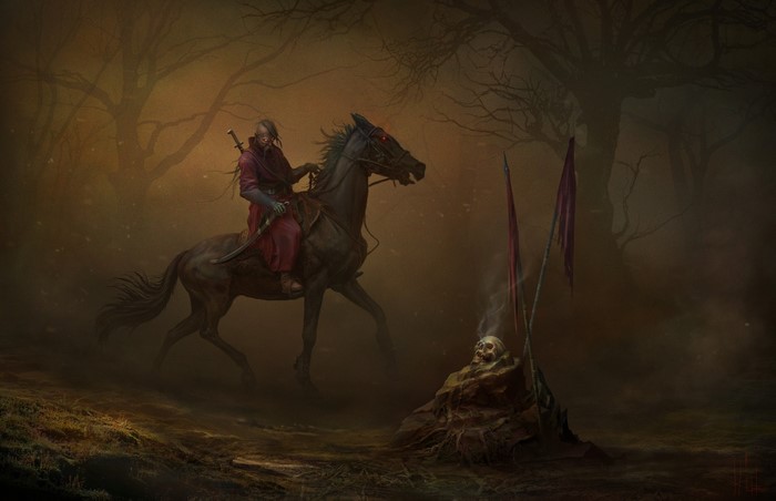 Dark fantasy warrior on horseback near a skull altar
