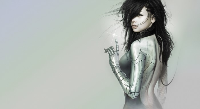 Cyborg woman with mechanical arm