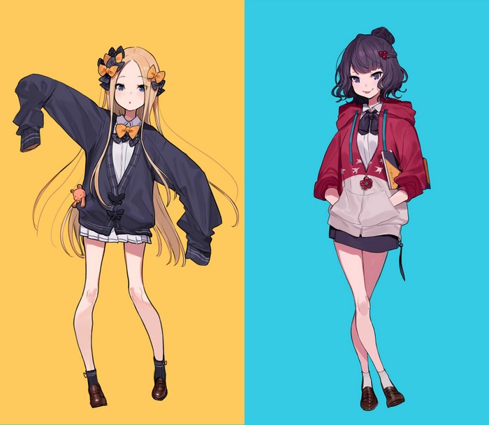 Two anime girls, one with blonde hair and one with purple hair