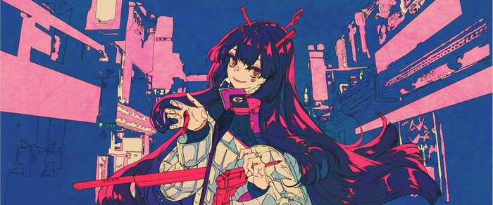 Anime girl with long dark hair and red accents