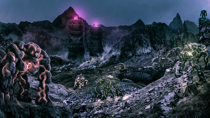 Fantasy landscape with glowing golems and rocky mountains