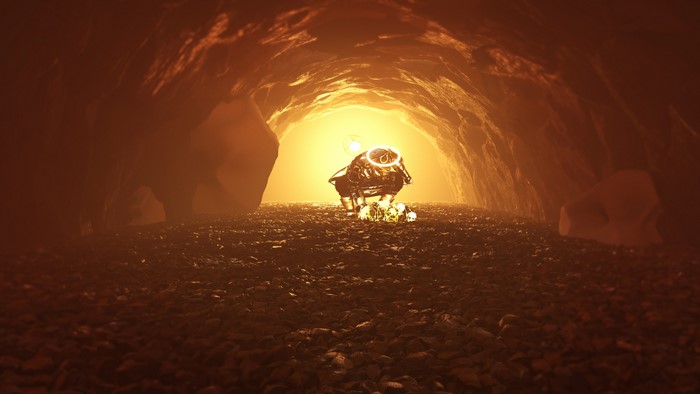 Robot in a cave with glowing light