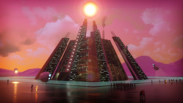 Futuristic pyramid building with red sky and people