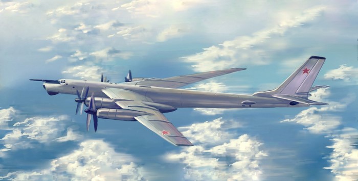 Tupolev Tu-95MS bomber aircraft flying in clouds