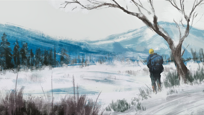 Man in blue jacket looking at snowy mountain landscape